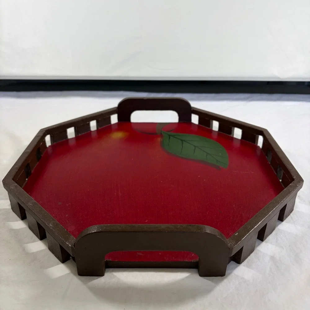 Vintage Red Apple Hand Painted Wooden Serving Tray Cottagecore Philippines Made